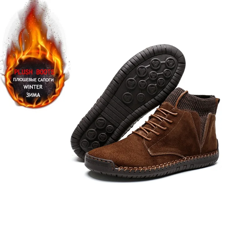 Leather Winter Men Snow Boots Plush Warm Motorcycle Boots Non slip Male