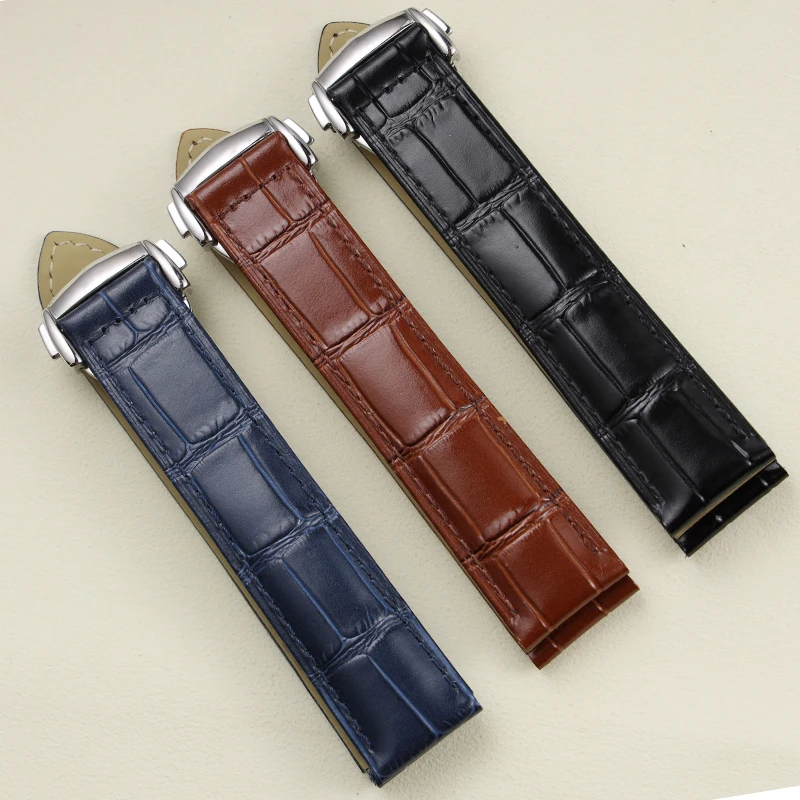 

high quality 18 19 20 22mm black blue brown genuine leather watchband for Omega deployment clasp strap with full logo