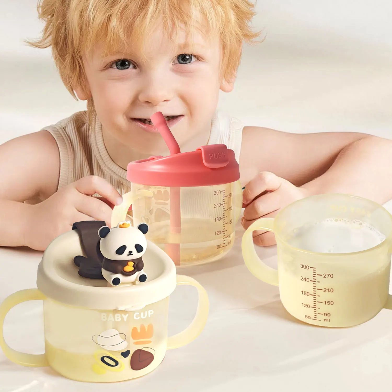 300ML baby panda milk cup, large-capacity breakfast cup, water food-grade PP material, anti-fall, clear scale