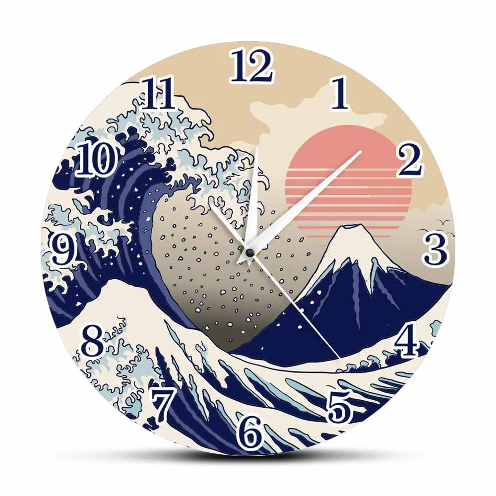 

Kanagawa Great Wave Japan Vintage Art Printed Wall Clock Vaporwave Sunset Aesthetic Home Decor Silent Sweep Movement For Bedroom