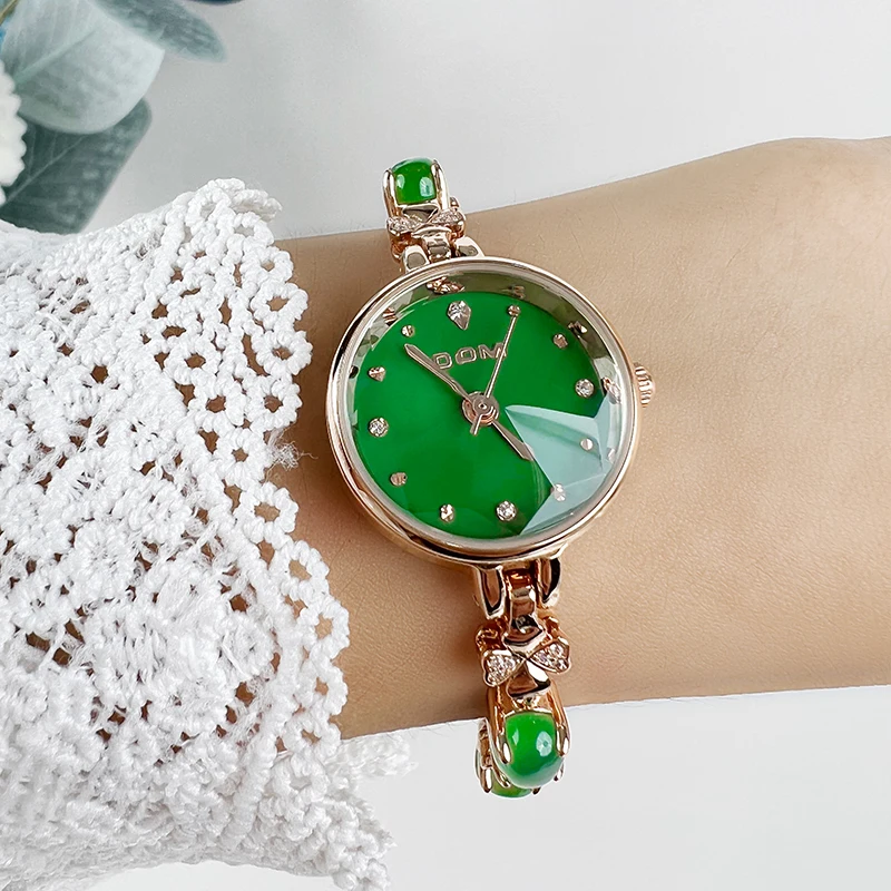 DOM New Ladies Quartz Watch Waterproof Fashion Casual Green jade bracelet Women Clock G-1566