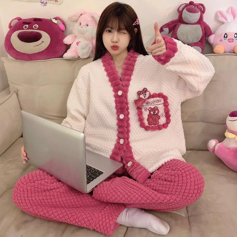 

Miniso Lotso Kuromi Melody Pochacco Pooh Bear Winter Pajamas Thickened Padded Coral Velvet Cute Princess Style Homewears Sets