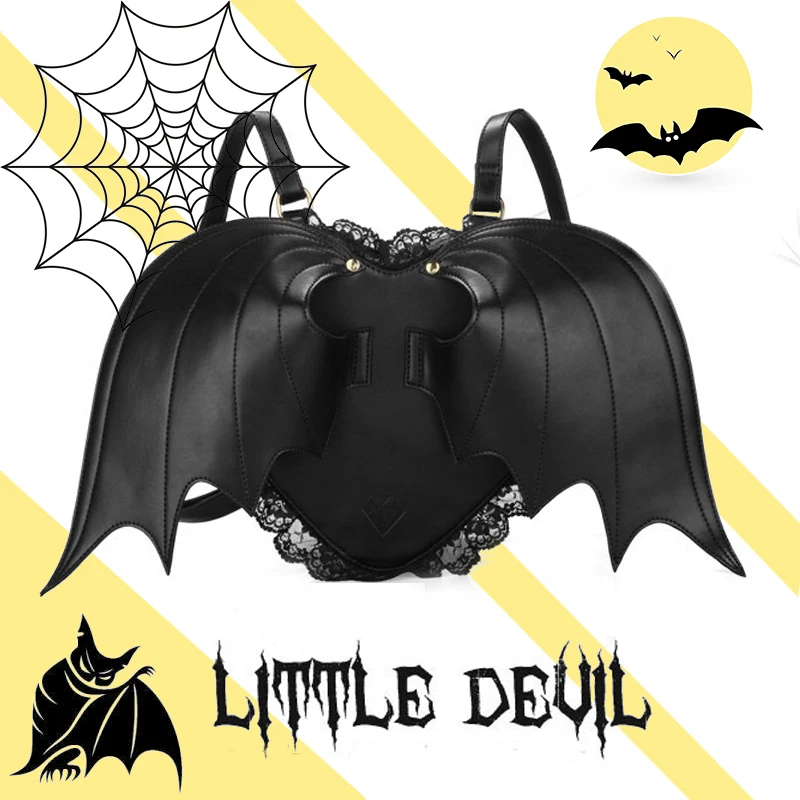 

Harajuku style Gothic Lolita Heart-shaped Lace Black Devil Bat wings Backpack Street Vintage Packsack Student School bag Fashion