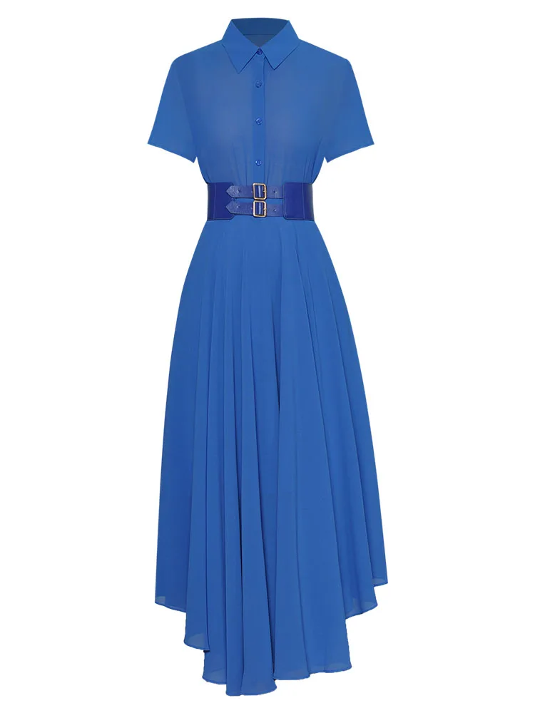 

Women's Lapel Single Breasted Short Sleeve Shirt Top Irregular dress