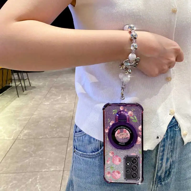 Pearl Strap Glitter Pink Flowers Phone Holder Case
