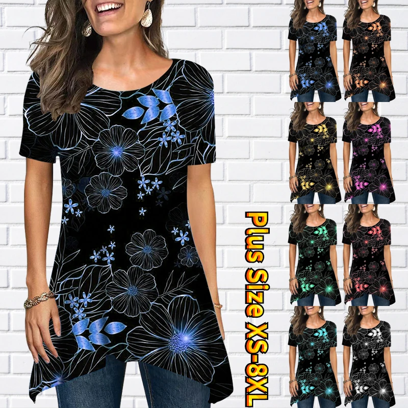 

New Women's Summer Fashion T-shirt Round Neck Under the Open Sexy Short-sleeved Summer Loose Unique Print T-shirt Top XS-8XL