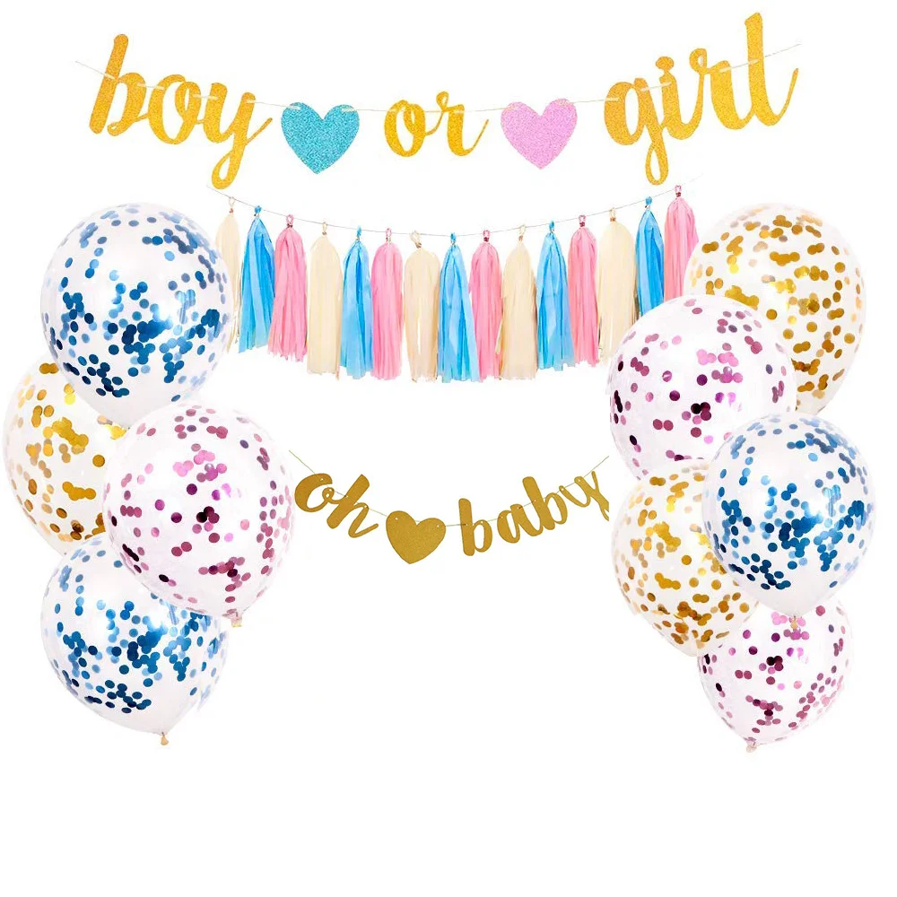 

Gender Reveal Party Supplies Boy or Girl Banner Ceiling Hanging Pink Blue Tassels for Baby Shower Party Decorations