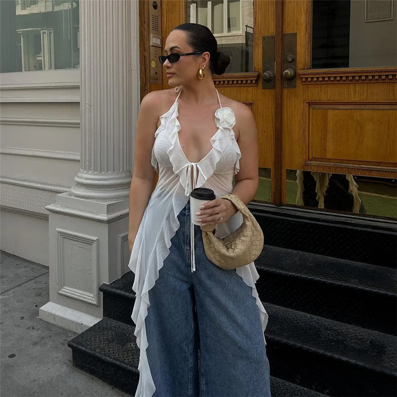 Fashion trendy women's T-shirt new sleeveless V-neck halterneck sexy backless strap gauze slim vest T-shirt