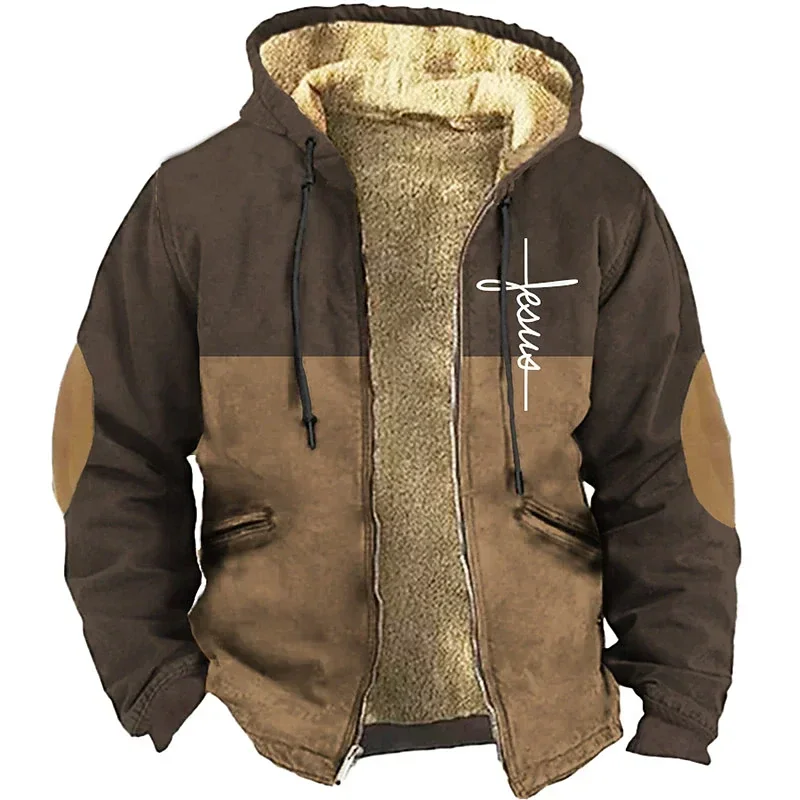 

Men's Zipper Hoodies Winter New Fleece Parka Coats Faith Cool Daily Print Jackets Sweatshirts Outerwear Hooded Zip-up Overcoats