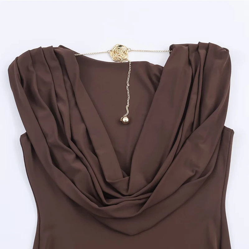 Women's Dress 2025 Autumn New Style Sleeveless Draped Neckline Pleated Midi Dress Backless Sexy Long Dress Elegant Party Dresses