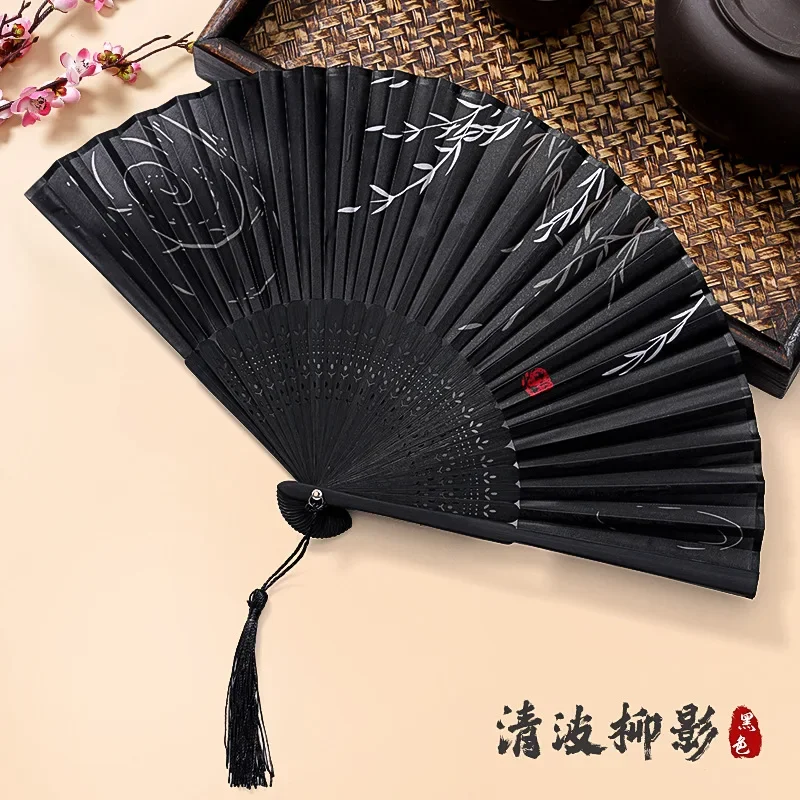 Folding Fan Hand Fan Chinese Style Folding Hand Fan 33cm Japanese Vintage 13 inch Fold Fan Traditional Crane with Ribbon for Hanfu