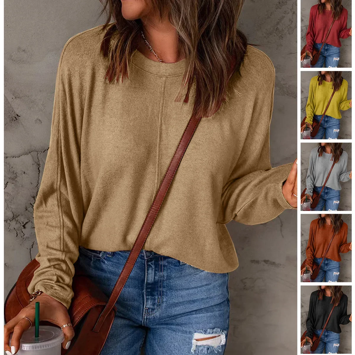 

Fall Winter 2023 New Women Tops Classic Style Casual Bottoming T-shirt Bat Sleeve Round Neck Loose Comfortable Elegant