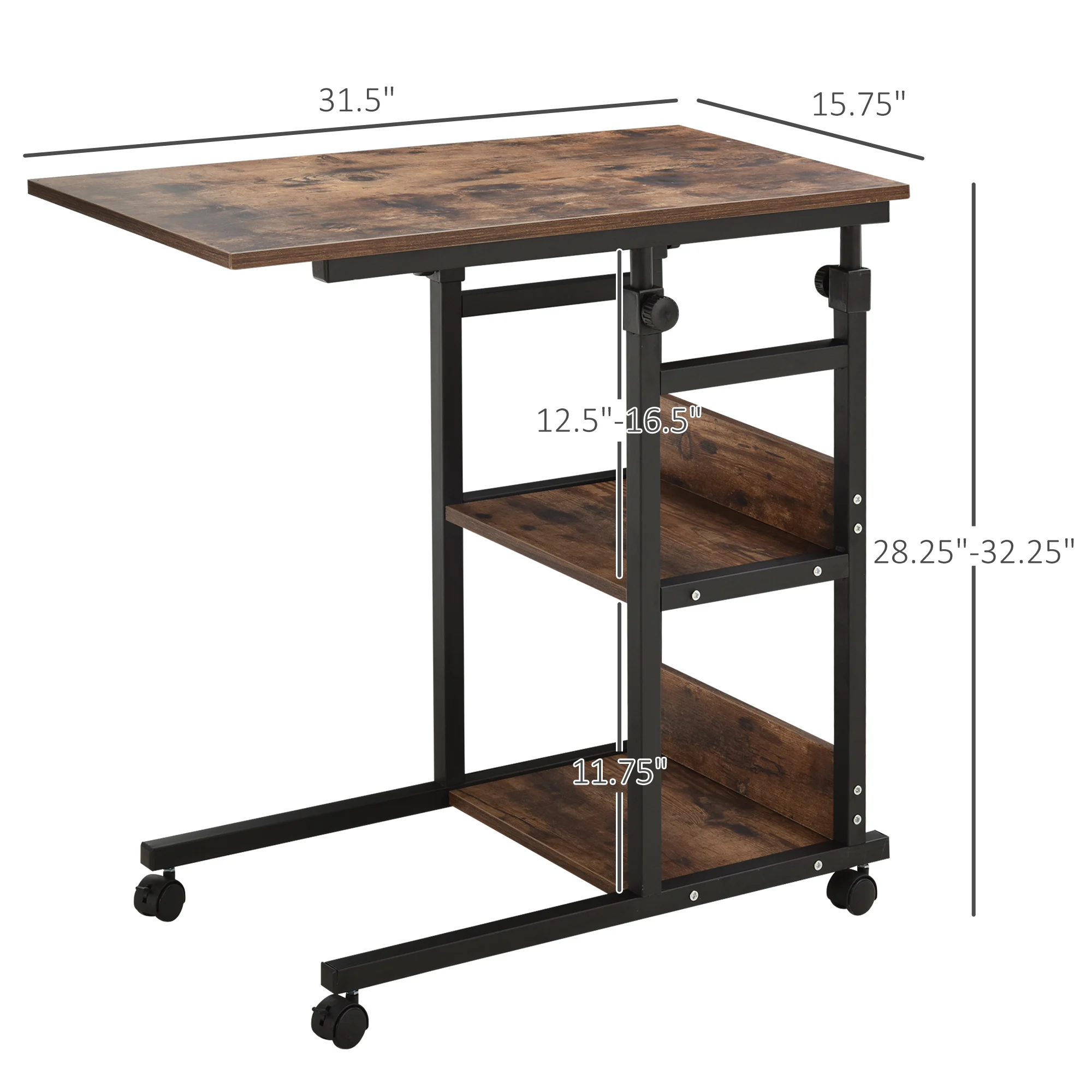 C-Shaped Mobile Sofa Bed Side Table Adjust Height 3-Tier Cart W/ Casters, Brake 4