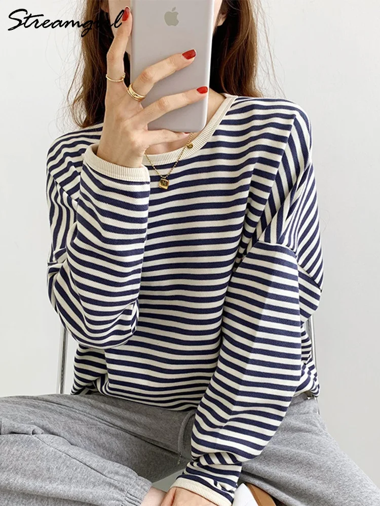 Black White Striped Oversized Sweatshirts For Women Pullover