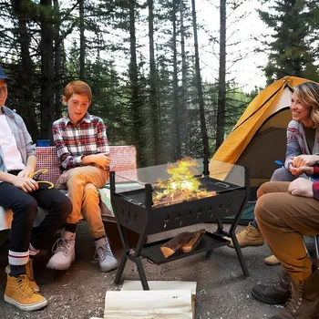 Charcoal Grill with Glass Wind Guard, Outdoor Barbecue Charcoal Grills with Seasoning Racks & Storage Shelf, Warming and Cookin 2