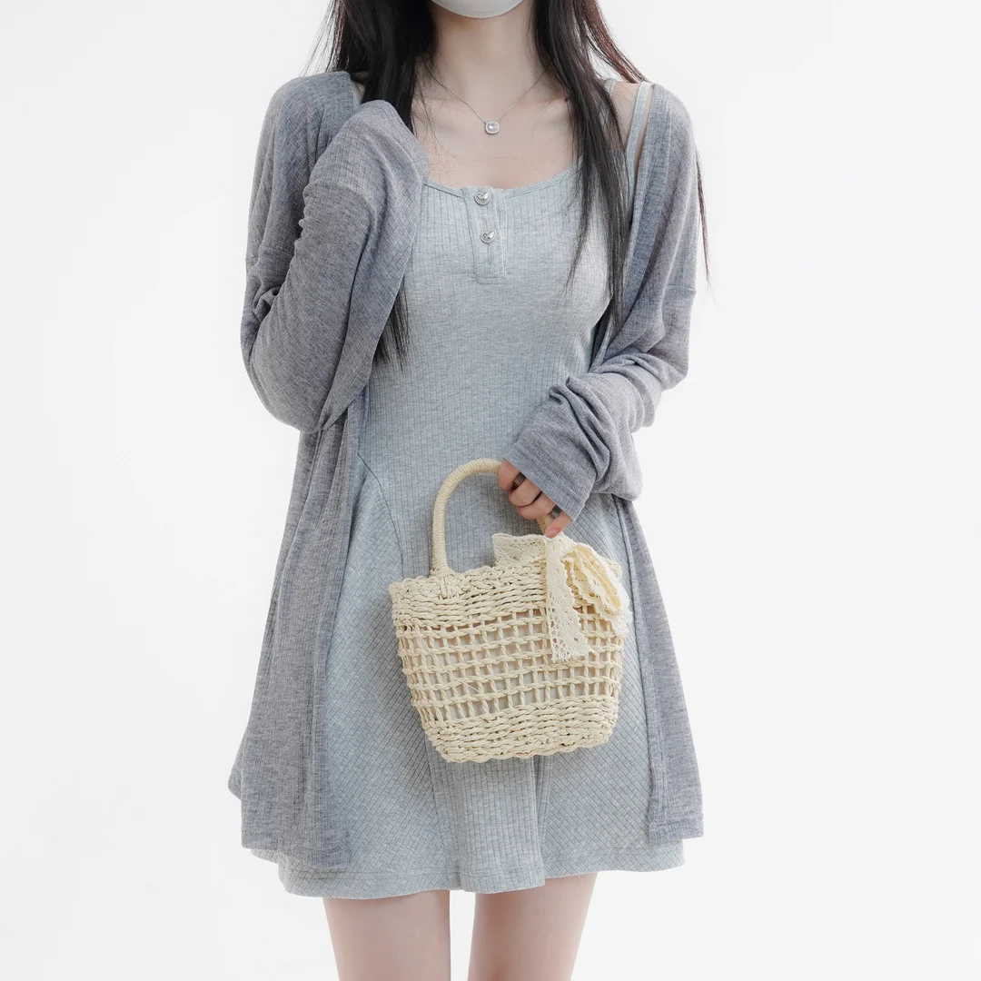 

No Late-night Snacks [French Tea Jelly] Summer Lazy Sense of Two-piece Sunshade Cardigan Halter Dress Casual