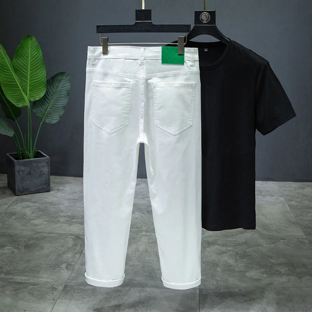 2022 New Autumn White Jeans Men Fashion Cotton Classic Business Straight Soft Solid Color Trousers Advanced Luxury Pants Male 2