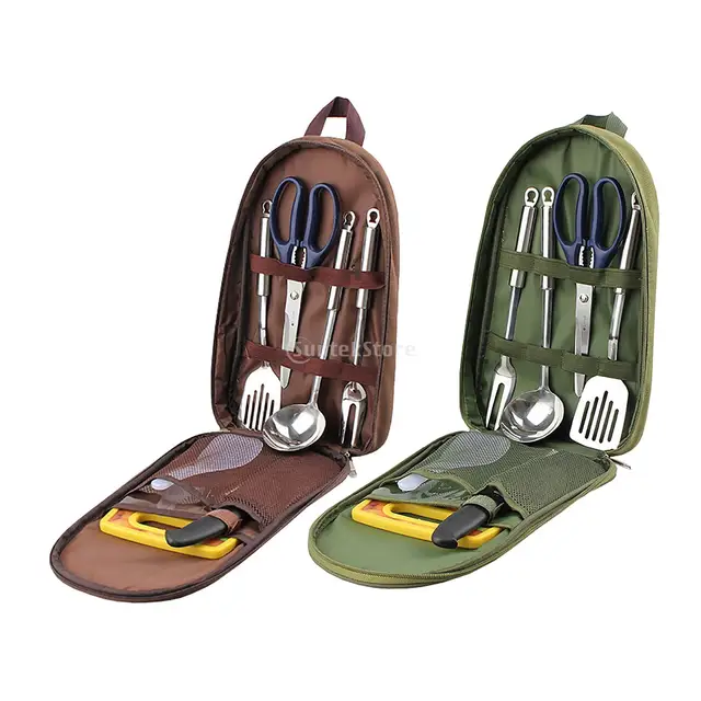 7pcs Camping Kitchen Utensil Set with Carrying Bag BBQ Beach Hiking Travel Organizer Storage Pack Cook Gadgets Equipment Gear 1