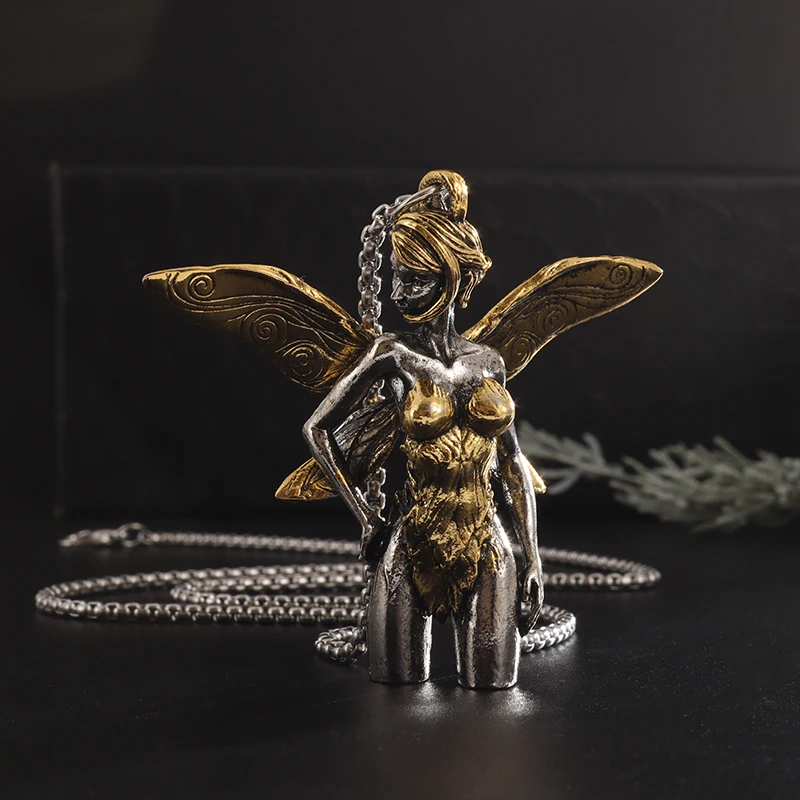 

Exquisite Beautiful Girl with Butterfly Wings Pendant Necklace Women Fantasy Fairy Tale Princess Necklace Jewelry