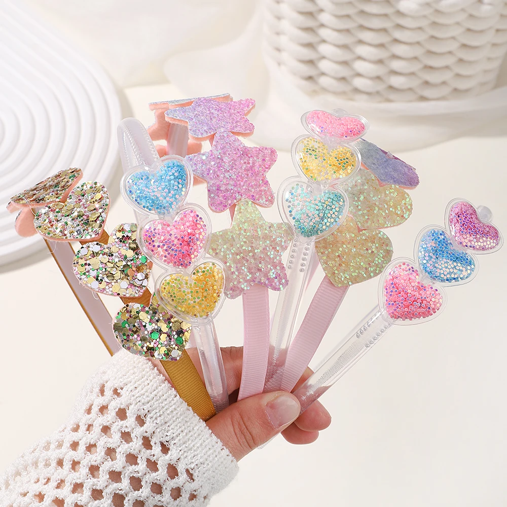 1/2pcs Transparent Quicksand Hairhoop Kids Girl Glitter Heart Sequin Cartoon Hairbands Children Headwear Baby Hair Accessories