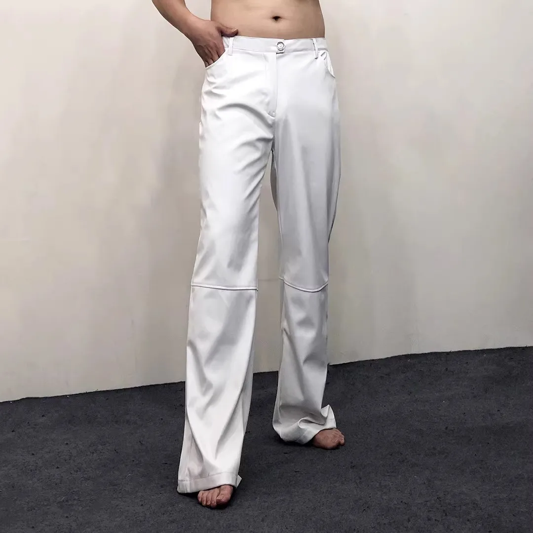 

Men's Straight Tube Loose Casual Leather Pants Fashion Black White Red Solid Color Trousers Nightclub Stage Costume Size 26-42