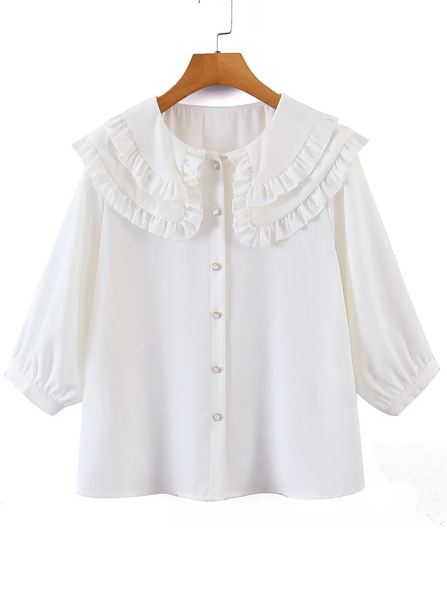 

Good Quality Plus Size Chiffon Shirt Women 2023 Spring Summer Ruffled Peter Pan Collar Blouses Half Sleeve Tops Curve Clothes