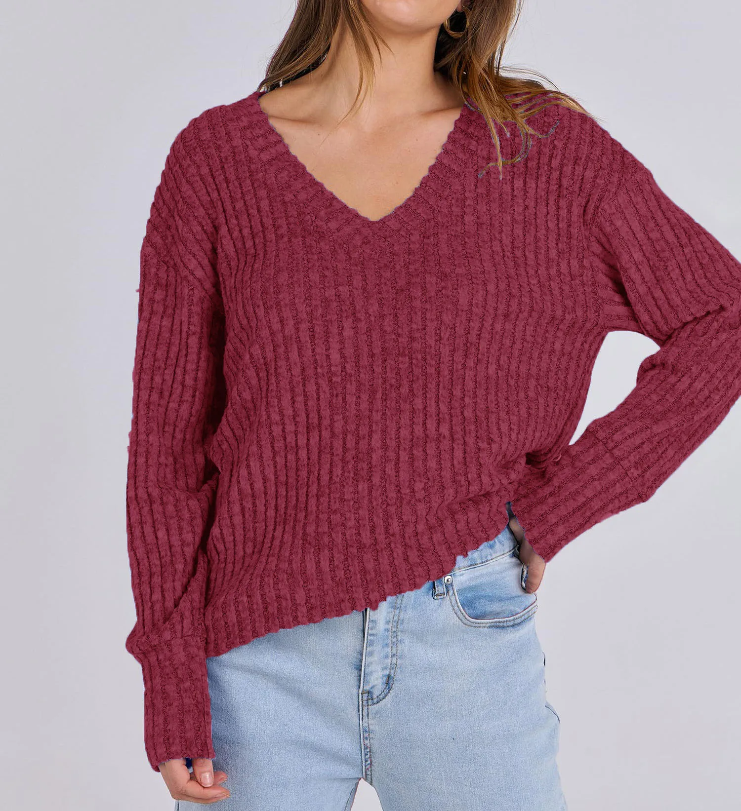 T-shirt da donna a maniche lunghe con scollo a V Top con temperamento alla moda fresato a righe 3