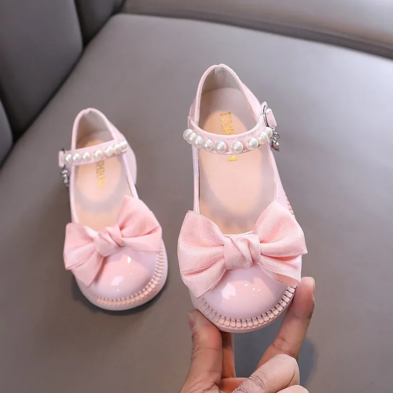 Children's Leather Shoes Fashion Girls Party Shoes Sweet Bowtie Kids Princess Causal Pearl Ballet Performance Dress leather shoes girls shoes