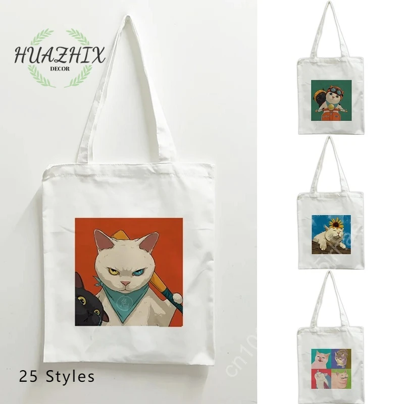 

Симпатичные эстетичные холщовые сумки для покупок с кошкой, шоппер с животным принтом, большие сумки-тоуты, женские повседневные складные многоразовые сумки через плечо