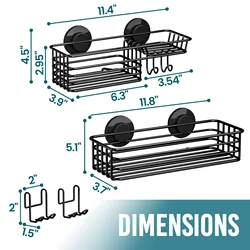 Deluxe Suction Cup Shower Caddy Set with Hooks & Soap Holder, Heavy Duty Bathroom Organizer, Drill - Free Shelving Solution (Black)