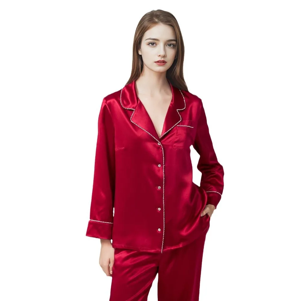 Women's 100% Mulberry Silk Pajama Set - All-Season Luxury Satin Sleepwear with Elegant Rhinestone Trim Soft And Breathable Loung 5