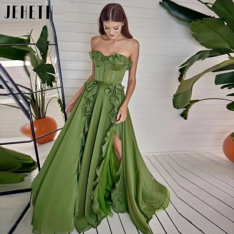 

JEHETH Green Organza Strapless Prom Dress Sweetheart Floor Length Birthday Party Gown A-Line Side Slit فساتين السهرة Backless