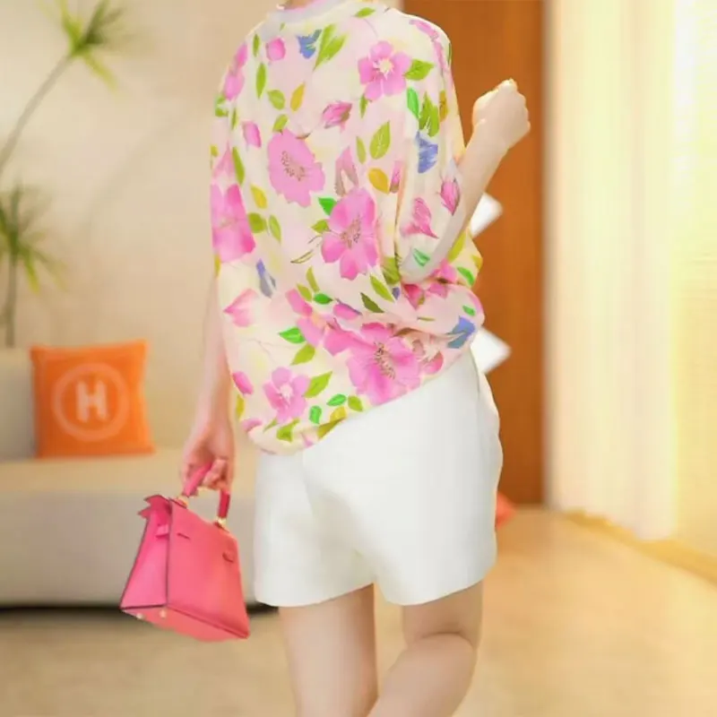 Fashion Spliced Round Neck Shirt 2024 Summer New Commute Female Clothing Casual Loose Broken Flowers Vintage Short Sleeve Blouse