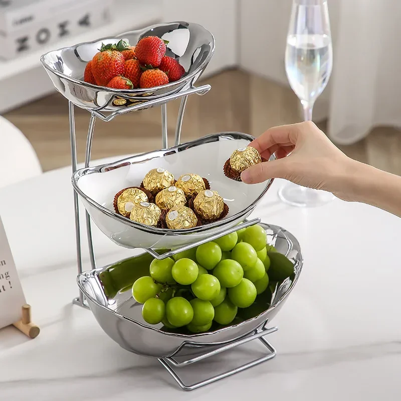 Ceramic Steel Multi Layer European Stackable Snack Serving Bowl Dry Fruit Tray Nut Candy Dried Fruit Display Storage Decor