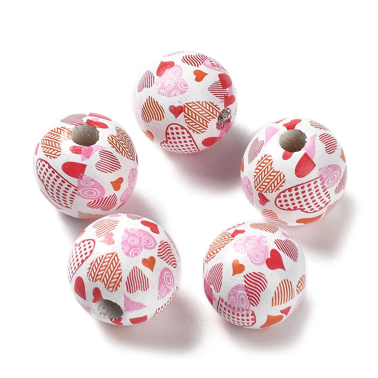 200pcs Valentine's Day Theme Wood Beads Heart Shape Printed  Round Wooden Loose Beads for DIY Jewerly Accessories Decorate