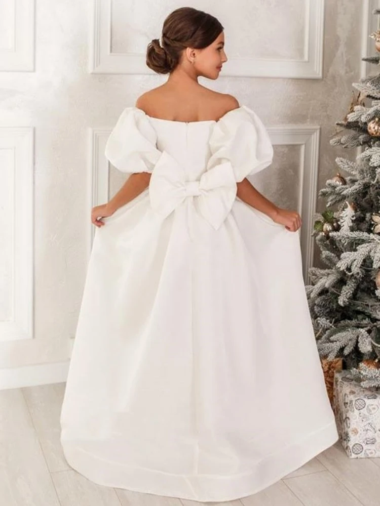 White Flower Girl Dresses Satin Diamond Belt With Big Bow Short Sleeve For Wedding Birthday Party Banquet Princess Gowns