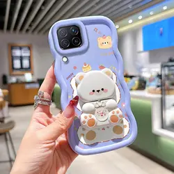 Wavy Silicone Phone Case with Naughty Cat Bracket Design - Galaxy F12 (PURPLE)