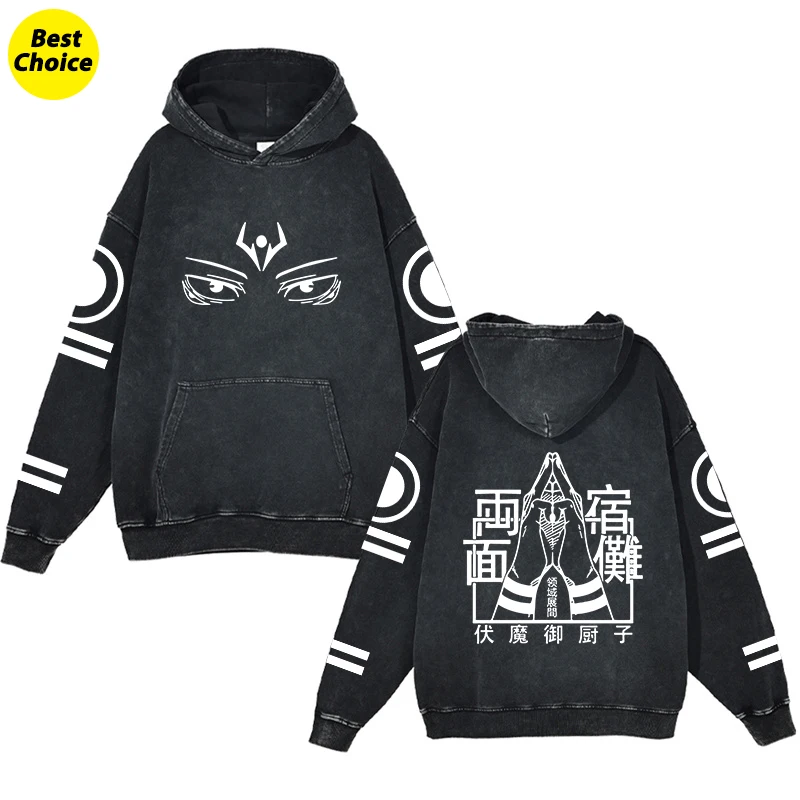

Chic Anime Jujutsu Kaisen Print Hoodies for Men Acid Washed Cotton Pullovers Tops Casual Hooded Sweatshirts Cosplay Costume