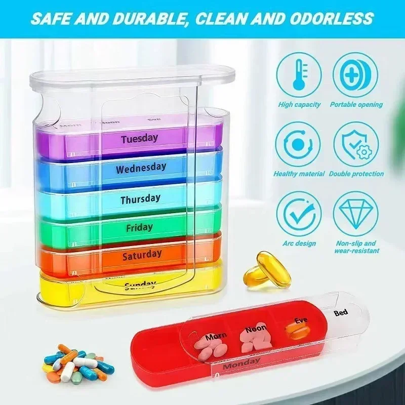 Portable Colorful Transparent Moisture Proof Medicine Box 7 Day One Week 28 Grids Plastic Storage Box for Tablets