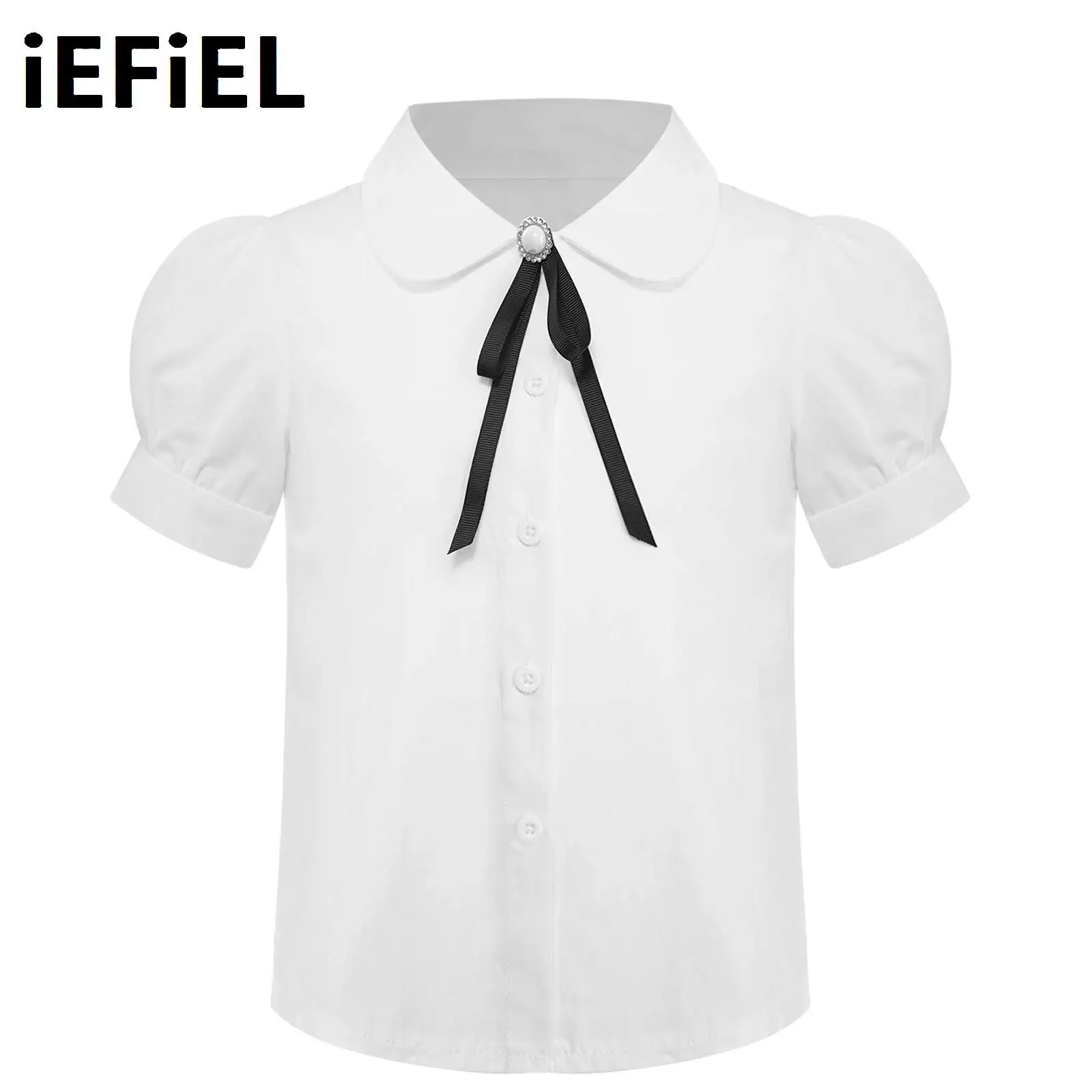 

Kids White Cute Shirt for Girls Short Sleeve Solid Color Turn-Down Collar Bowknot Blouse Button Casual Tops