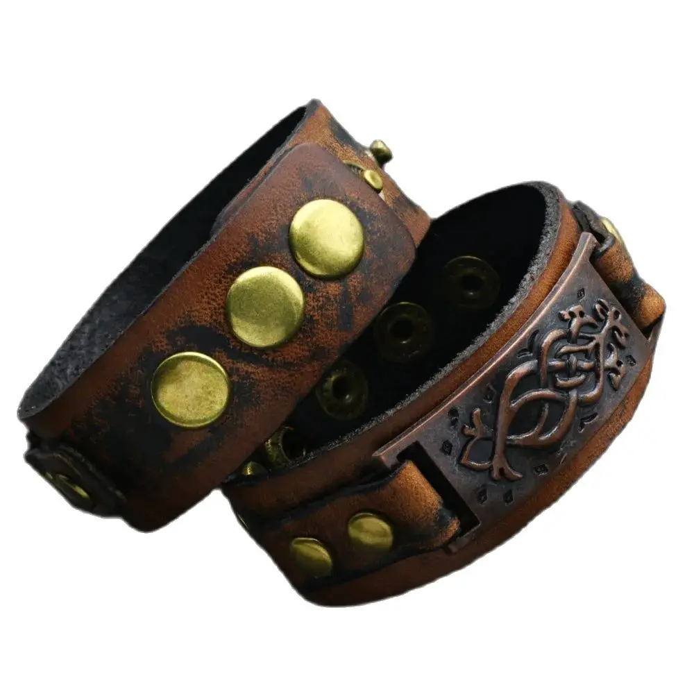Men Bracelet Vintage Khaki Color Punk Unisex Wide Rivet Mens Womens Wrap Pu Leather Bracelet Pulsera Hombre