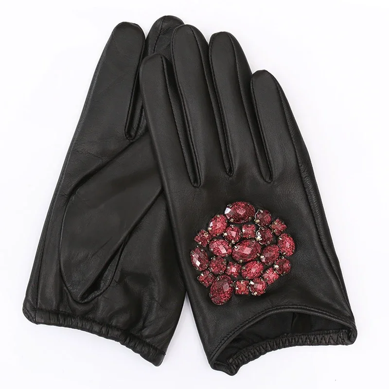 GOURS Fall and Winter Real Leather Gloves for Women Black Genuine Goatskin Gloves Fashion Stone Thin Lined Warm Soft New GSL001