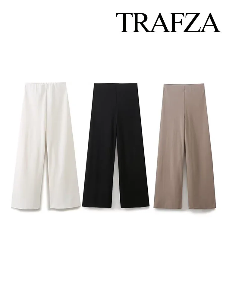 

TRAFZA Summer Women Fashion Retro Solid Elastic Waist Bead Cloth Soft Straight Loose Wide Leg Pants 3 Colors Street Wear Mujer