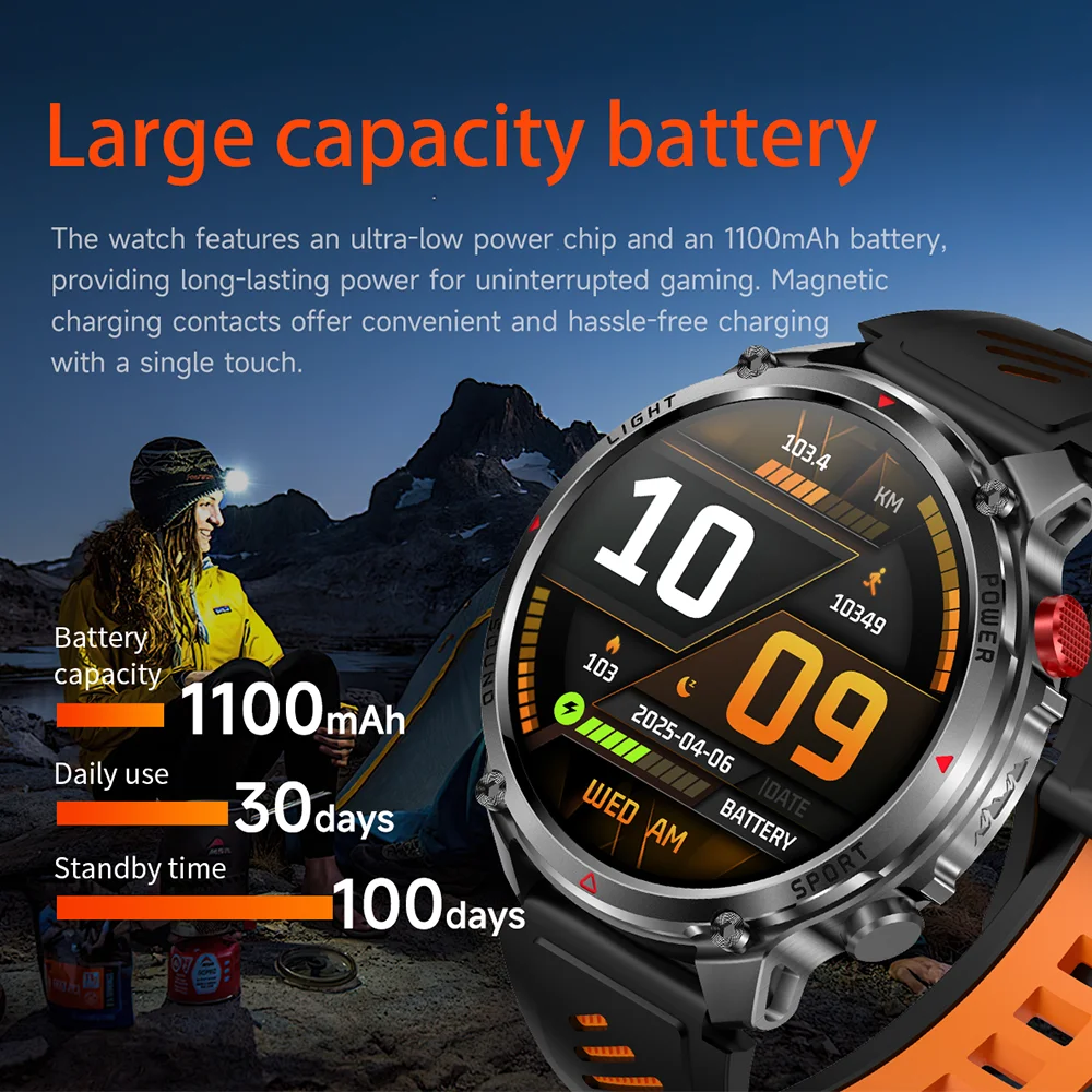 2026 T-REX 3 아웃도어 스마트워치 남성용 1100mAh 대용량 배터리 IP68 방수 HD 100+ 스포츠 모드 LED 손전등