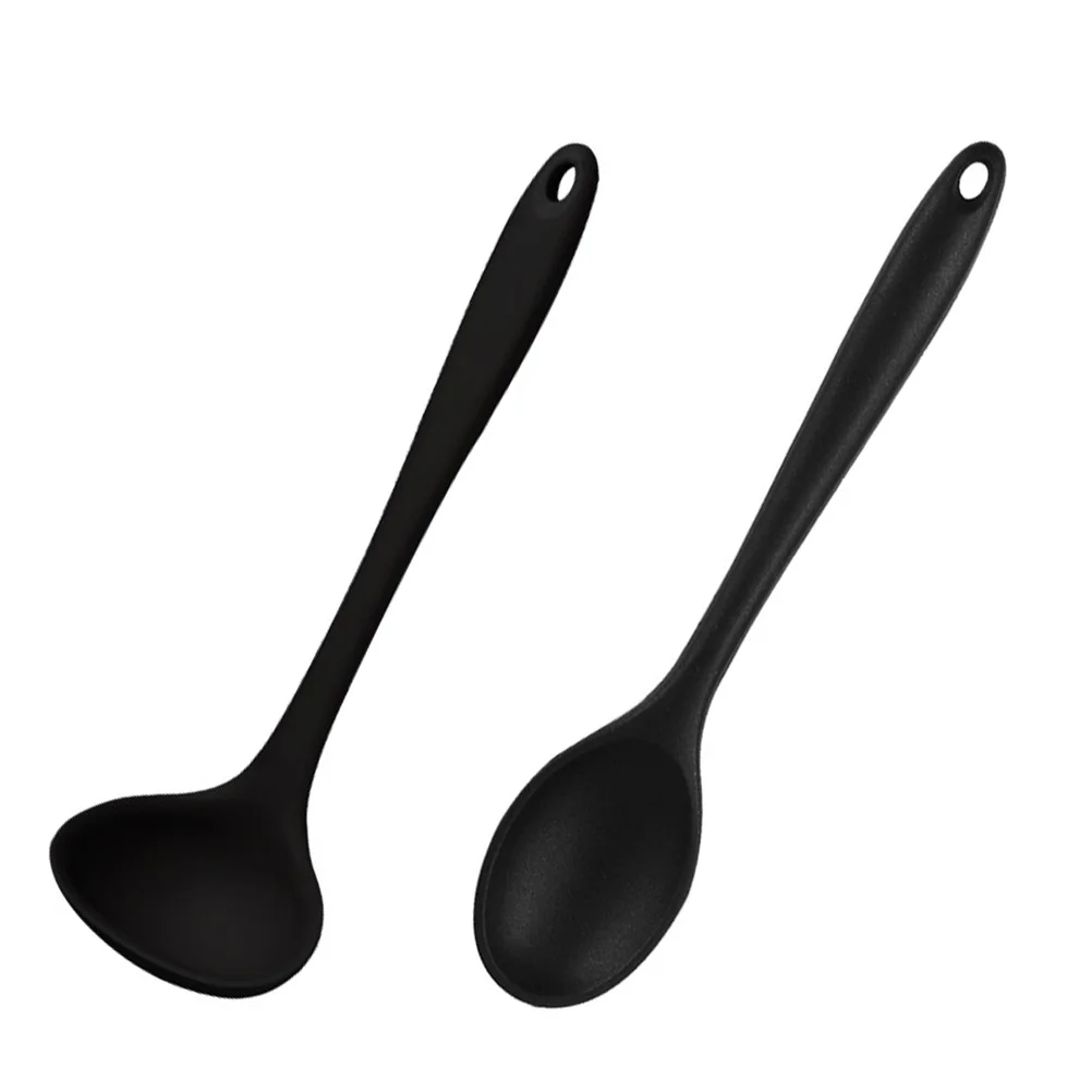 2 Pcs Kitchen Utensils Silicone Spoon Soup Ladle Meal Domestic Simple 21X63CM Home Rice Spoons Black Non-stick Tableware