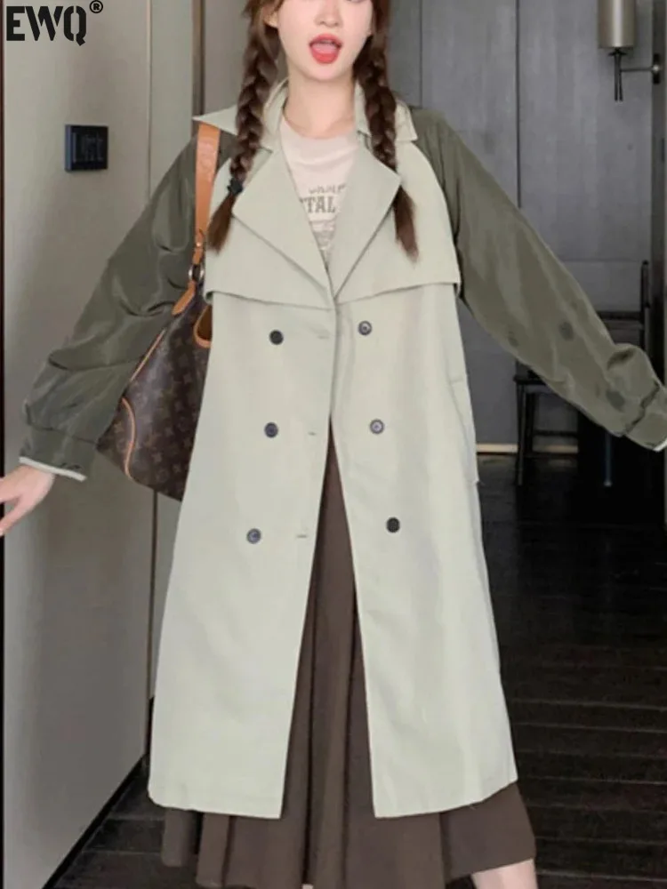 

[EWQ] England Style Contrasting Color Patchwork Casual Trench Coat Fashion Loose All Match Jacket Women 2024 Spring Autumn U7677