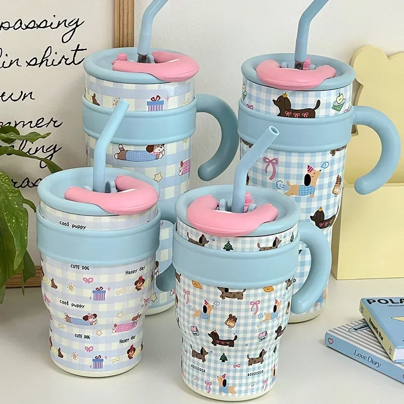 1200ml Cute Water Bottles Large Capacity Thermos Bottle with Straw 700ml Coffee Cup Birthday Gift Travel Mugs with Handle