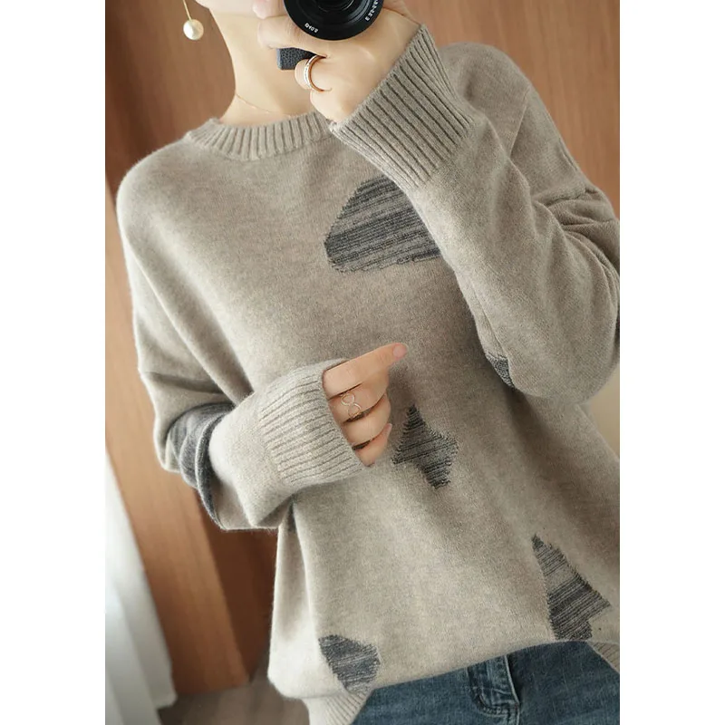 Осенне-зимние корейские модные свитера с круглым вырезом в стиле пэчворк для женщин осенне-зимние свободные универсальные вязаные топы с длинным рукавом