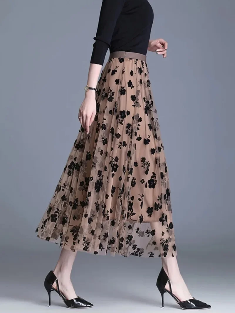 

Mesh Floral Skirt For Women 2024 Autumn Winter Lace Flocking Fashion Big Swing Elastic High Waisted Elegant Mujer Party A-Line