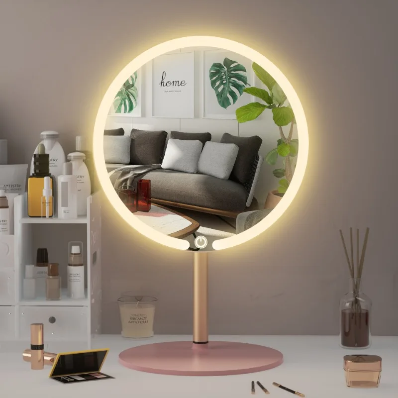 접이식3 4K HD 원형 LED 조명 화장 거울 프랑스식 화장대 거울 데스크탑 대형 욕실 조명 거울 가정용